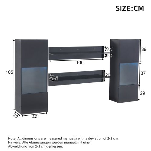 Ensemble De Meuble TV, 2 Meuble Mural LED Et 2 Étagères, Portes En Verre Trempé, Noir
