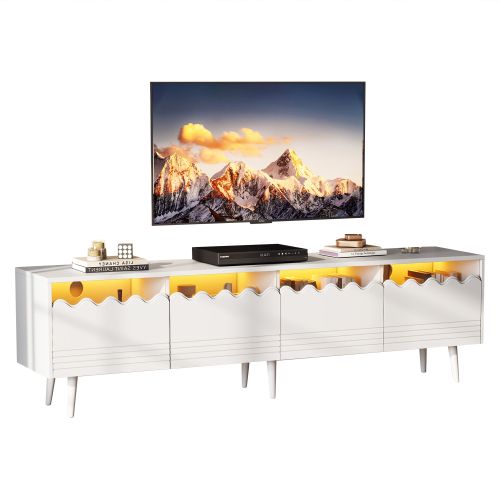 Meuble TV Bas Blanc Avec Éclairage LED, 2 Tiroirs Et 2 Portes, Dosseret En Verre