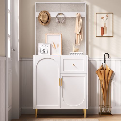 Vestiaire H.175.5cm, 2 Portes, 1 Tiroir, 3 Crochets, Étagère Réglable, Pieds En Or, Mdf, Blanc