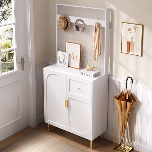 Vestiaire H.175.5cm, 2 Portes, 1 Tiroir, 3 Crochets, Étagère Réglable, Pieds En Or, Mdf, Blanc