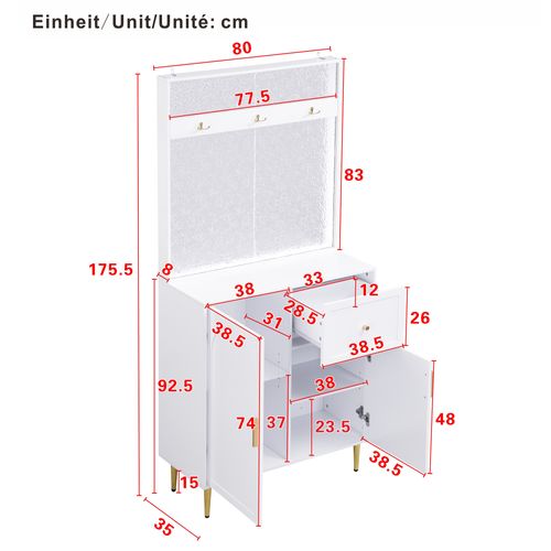 Vestiaire H.175.5cm, 2 Portes, 1 Tiroir, 3 Crochets, Étagère Réglable, Pieds En Or, Mdf, Blanc