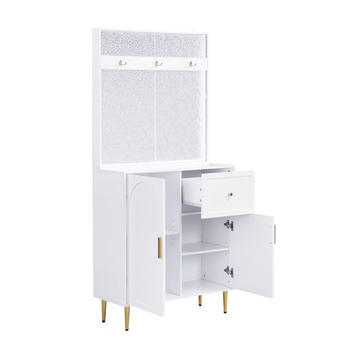 Vestiaire H.175.5cm, 2 Portes, 1 Tiroir, 3 Crochets, Étagère Réglable, Pieds En Or, Mdf, Blanc