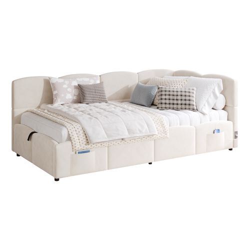 Lit 90x200cm, Lit Enfant, Lit Coffre, Lie Simple,sommier,usb,tête De Lit, Tissu Boucle,beige