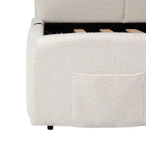 Lit 90x200cm, Lit Enfant, Lit Coffre, Lie Simple,sommier,usb,tête De Lit, Tissu Boucle,beige