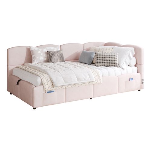 Lit 90x200cm, Lit Enfant, Lit Coffre, Lie Simple,sommier,usb,tête De Lit, Velours,rose