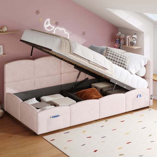 Lit 90x200cm, Lit Enfant, Lit Coffre, Lie Simple,sommier,usb,tête De Lit, Velours,rose