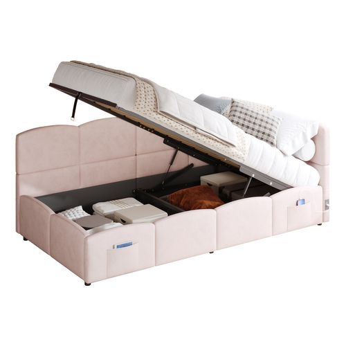 Lit 90x200cm, Lit Enfant, Lit Coffre, Lie Simple,sommier,usb,tête De Lit, Velours,rose