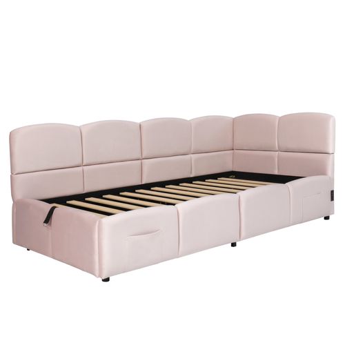 Lit 90x200cm, Lit Enfant, Lit Coffre, Lie Simple,sommier,usb,tête De Lit, Velours,rose