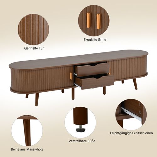 Meuble TV175x40x42cm, 2 Tiroirs, 2 Portes Coulissantes, forme Ovale, mdf, marron