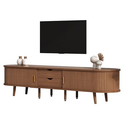 Meuble TV175x40x42cm, 2 Tiroirs, 2 Portes Coulissantes, forme Ovale, mdf, marron
