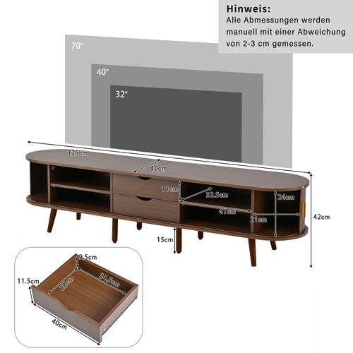 Meuble TV175x40x42cm, 2 Tiroirs, 2 Portes Coulissantes, forme Ovale, mdf, marron