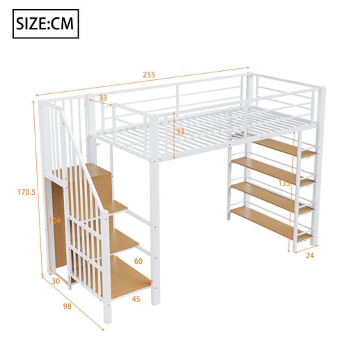 Lit Mezzanine 90x200 Cm En Métal Blanc Avec Armoire, Étagères Et Échelle, Grand Rangement