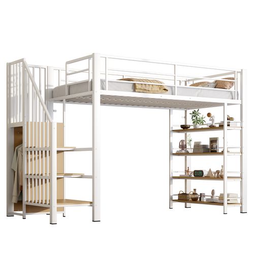 Lit Mezzanine 90x200 Cm En Métal Blanc Avec Armoire, Étagères Et Échelle, Grand Rangement