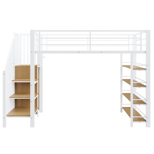 Lit Mezzanine 90x200 Cm En Métal Blanc Avec Armoire, Étagères Et Échelle, Grand Rangement