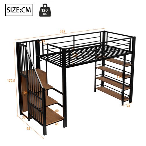 Lit Mezzanine 90x200 Cm En Métal Noir Avec Armoire Et Rangements Intégrés, Design Sécurisé
