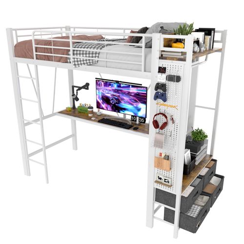 Lit Mezzanine 90x200 Cm, Bureau Avec Prise USB, LED, 4 Tiroirs Et Rangement, Métal Blanc