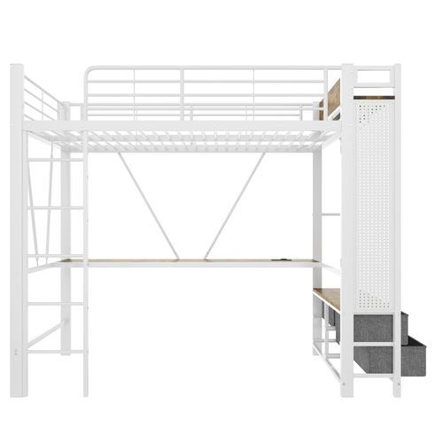 Lit Mezzanine 90x200 Cm, Bureau Avec Prise USB, LED, 4 Tiroirs Et Rangement, Métal Blanc
