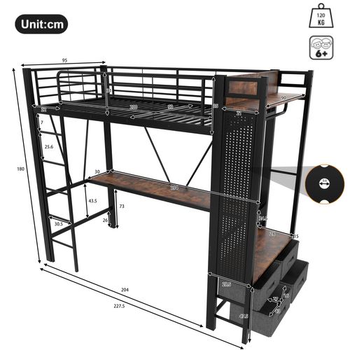 Lit Mezzanine 90x200 Cm En Métal Avec Bureau, LED, 4 Tiroirs Et Rangement, Ports De Charge, Noir