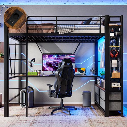 Lit Mezzanine 90x200 Cm En Métal Avec Bureau, LED, 4 Tiroirs Et Rangement, Ports De Charge, Noir