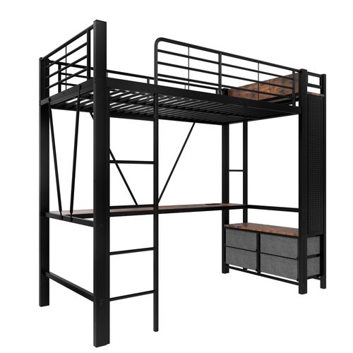 Lit Mezzanine 90x200 Cm En Métal Avec Bureau, LED, 4 Tiroirs Et Rangement, Ports De Charge, Noir