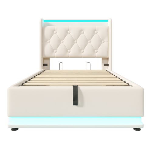 Lit Simple 90x200cm, Lit Coffre Hydraulique Avec LED, Port USB Et Type-c, Pu, blanc