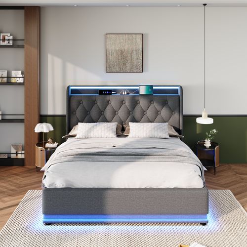 Lit coffre 140x200cm Avec rangement LED, Ports USB Et Type-c, Lin, Gris