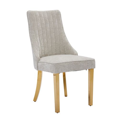 Lot 2 Chaises De Salle à Manger à Dossier Haut En Tissu Chenille Beige Avec Pieds En Métal Dorés