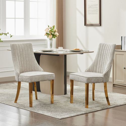 Lot 2 Chaises De Salle à Manger à Dossier Haut En Tissu Chenille Beige Avec Pieds En Métal Dorés