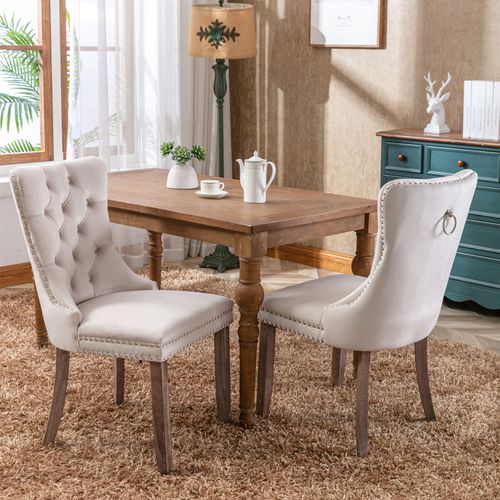 Chaises De Salle à Manger En Velours Beige, 2 Pièces, Dossier Haut Avec Cadre En Bois Et Coussin