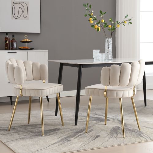 Lot 2 Chaises De Salon Design Avec Dossier Fleur Et Assise En Velours Beige, Chambre Et Bureau