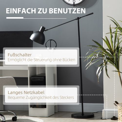 Lampadaire Noir Industriel Réglable Métal, Abat-jour Orientable, Stable, Ø30 X H131-155 Cm