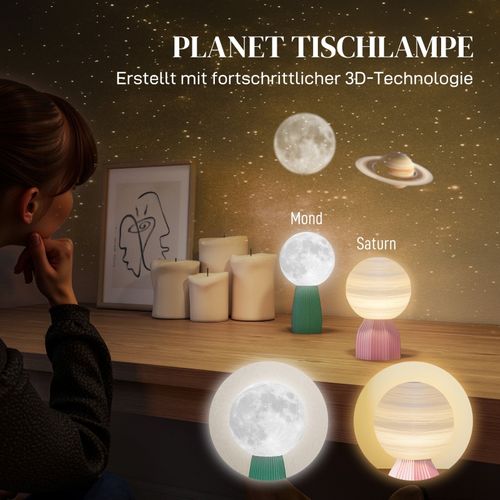 Lot 2 Lampes à Poser De Table Planètes 3d Saturne Et Lune, USB, 3 Couleurs, Ø15xh27,5/23,5 Cm