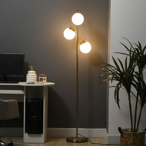 Lampadaire Moderne 3 Globes Verre, Métal Doré Stable, E27, Interrupteur Pied, Ø27xh169 cm