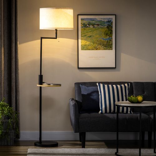 Lampadaire Blanc En Métal Noir Avec Tablette En Bambou Et Port USB, Ø40xh168 cm