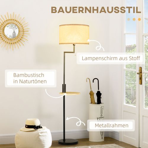 Lampadaire Blanc En Métal Noir Avec Tablette En Bambou Et Port USB, Ø40xh168 cm