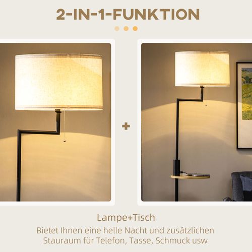 Lampadaire Blanc En Métal Noir Avec Tablette En Bambou Et Port USB, Ø40xh168 cm