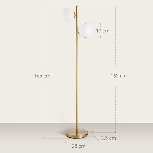 Lampadaire Doré Double Abat-jour Verre, Métal Stable, E27, Interrupteur Pied, 39x28xh165 cm