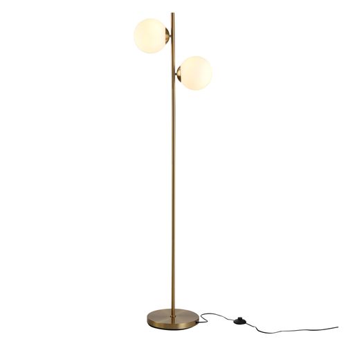 Lampadaire Doré Double Abat-jour Verre, Métal Stable, E27, Interrupteur Pied, 39x28xh165 cm