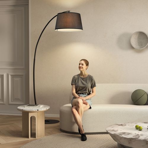 Lampadaire Moderne Arcué, Abat-jour Tissu Lin Noir Ø47 cm, Base Métal Noir