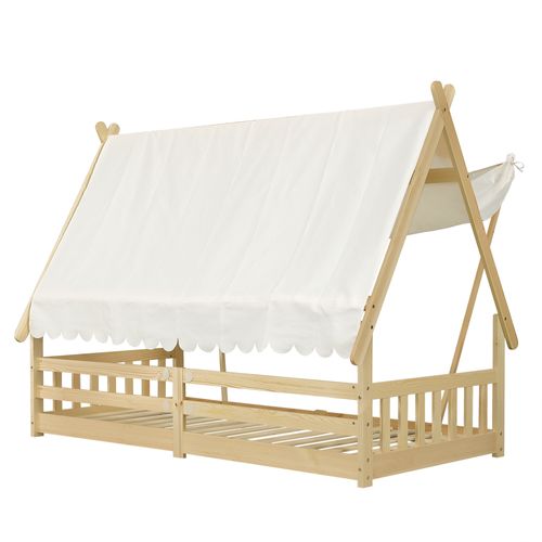 Lit Cabane Enfant 90x190 Cm En Bois De Pin, Design Maison Et Tente Amovible, Sommier à Lattes