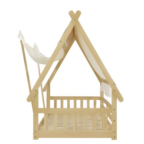 Lit Cabane Enfant 90x190 Cm En Bois De Pin, Design Maison Et Tente Amovible, Sommier à Lattes
