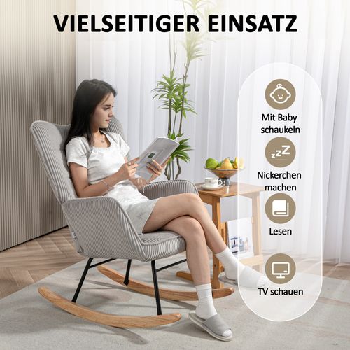 Fauteuil à Bascule En Velours Côtelé Avec Dossier Haut Et Accoudoirs, Gris Clair