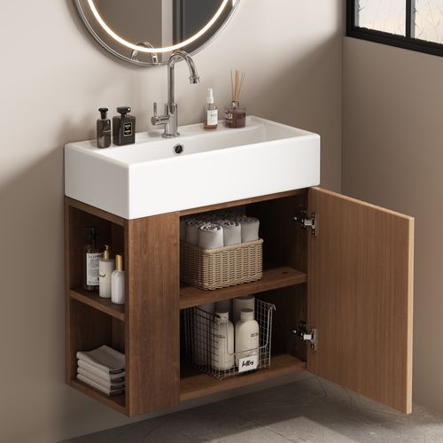 Meuble Vasque 55x31x66.5cm, 1 Porte, Bac En Céramique, Naturel, Rangement Sur Le Côté, Mdf, Marron