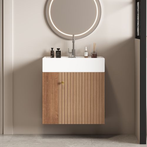 Meuble Vasque 55x31x66.5cm, 1 Porte, Bac En Céramique, Naturel, Rangement Sur Le Côté, Mdf, Marron