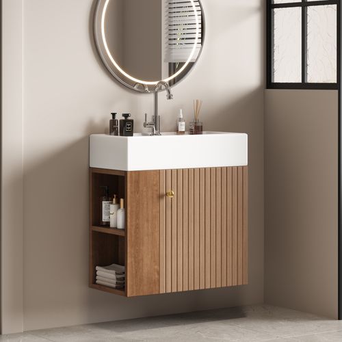 Meuble Vasque 55x31x66.5cm, 1 Porte, Bac En Céramique, Naturel, Rangement Sur Le Côté, Mdf, Marron