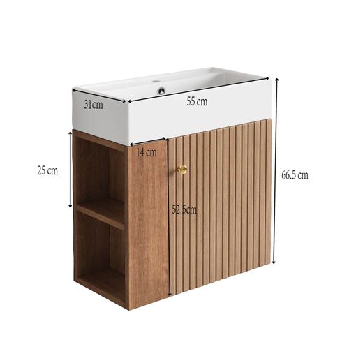 Meuble Vasque 55x31x66.5cm, 1 Porte, Bac En Céramique, Naturel, Rangement Sur Le Côté, Mdf, Marron