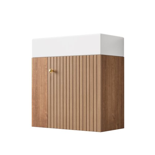 Meuble Vasque 55x31x66.5cm, 1 Porte, Bac En Céramique, Naturel, Rangement Sur Le Côté, Mdf, Marron