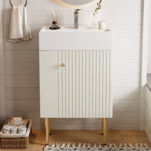 Meuble Vasque55x31x91cm, rangement Sur Le Côté, design Posé Au Sol, bac En Céramique, mdf, blanc