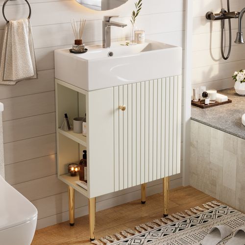 Meuble Vasque55x31x91cm, rangement Sur Le Côté, design Posé Au Sol, bac En Céramique, mdf, blanc