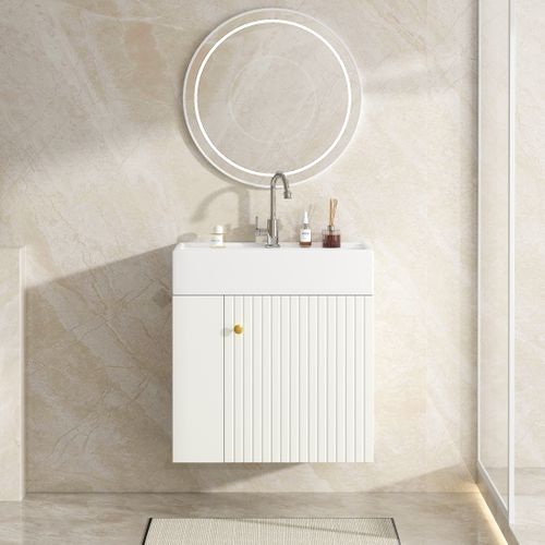 Meuble Vasque55x31x66.5cm, 1 Portes, Bac En Céramique, Rangement Sur Le Côté, Mdf, Blanc